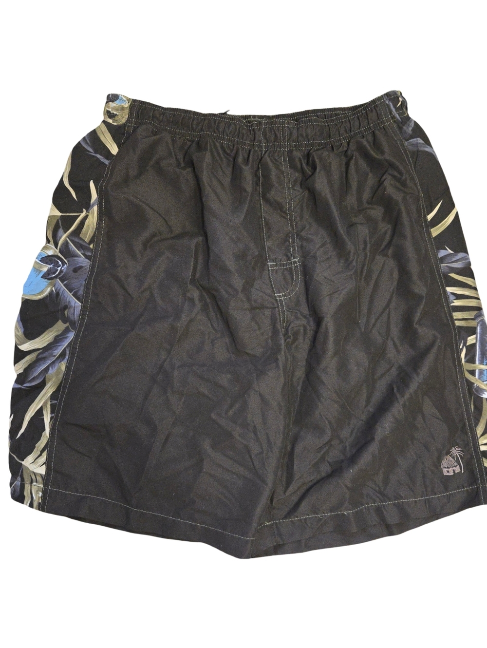 Caribbean Joe Black Swim Trunks with Green & Blue Ttropical Side Trim S Large